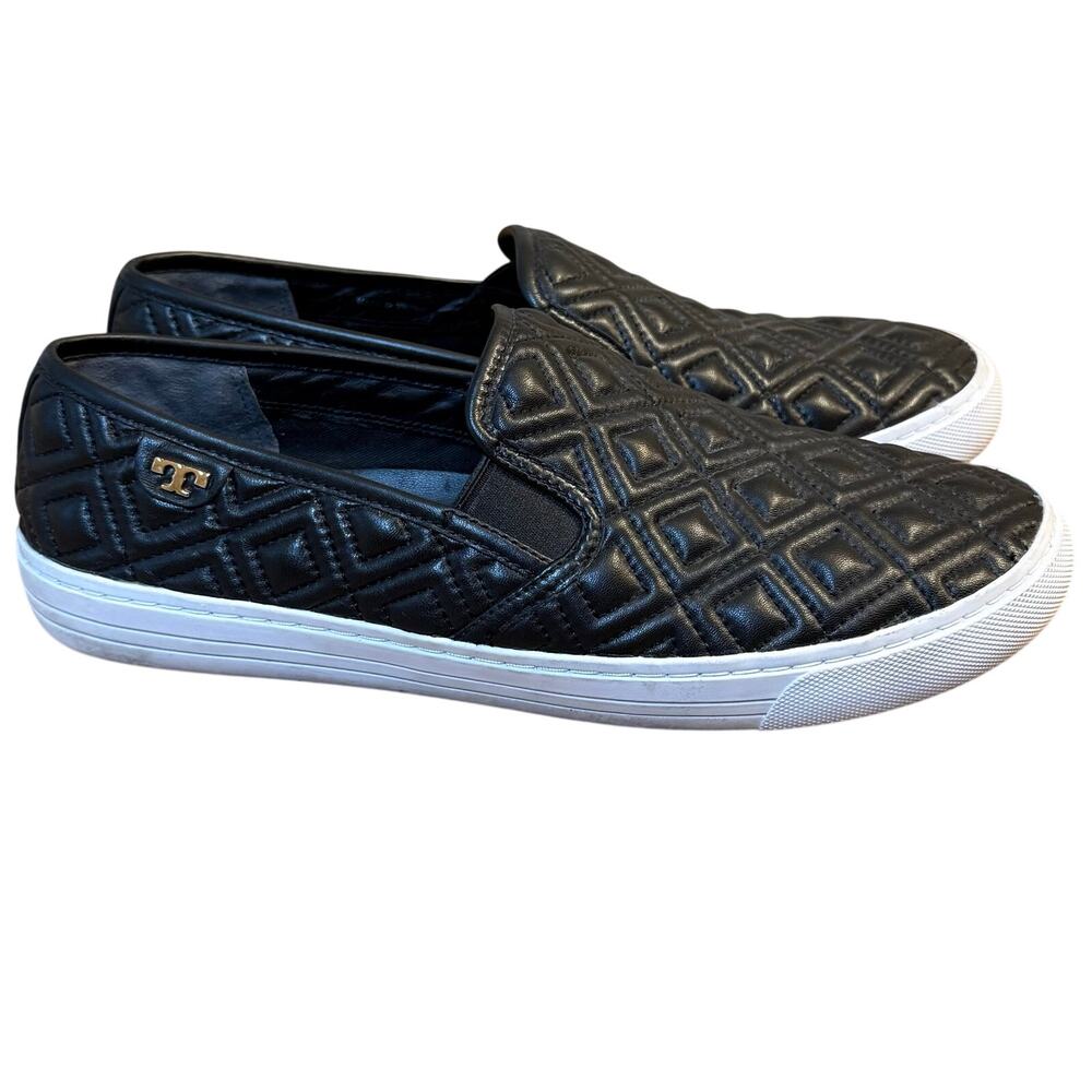 Tory Burch Jesse Napa Quilted Genuine Leather Slip On Flat Black Women's 8